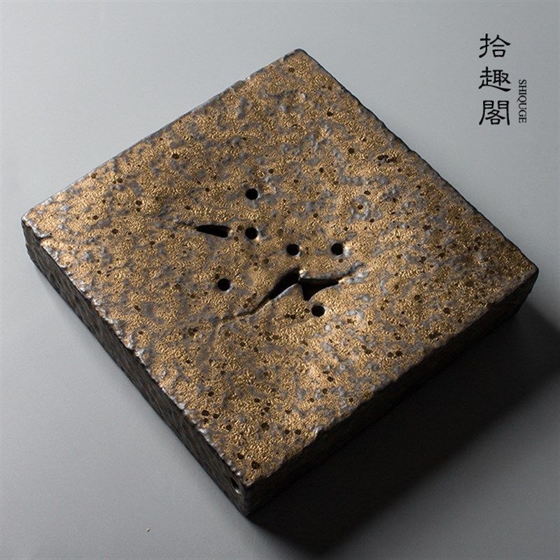 手工粗陶壶承 鎏金复古干泡茶台陶瓷蓄水茶托小茶盘 功夫茶具配件