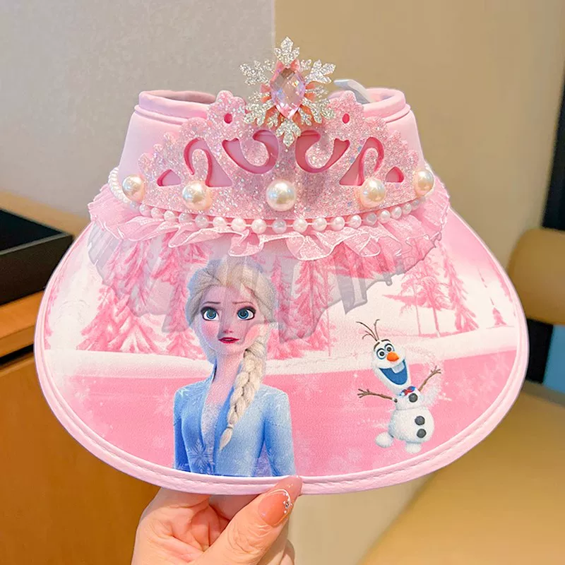 冰雪奇缘儿童防晒帽女孩艾莎公主皇冠空顶帽夏季户外大帽檐遮阳帽