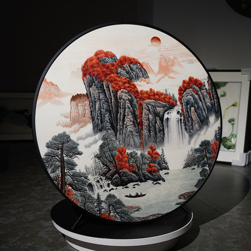国画鸿运当头圆形纯手工刺绣客厅玄关苏绣成品挂画风景实木装饰画