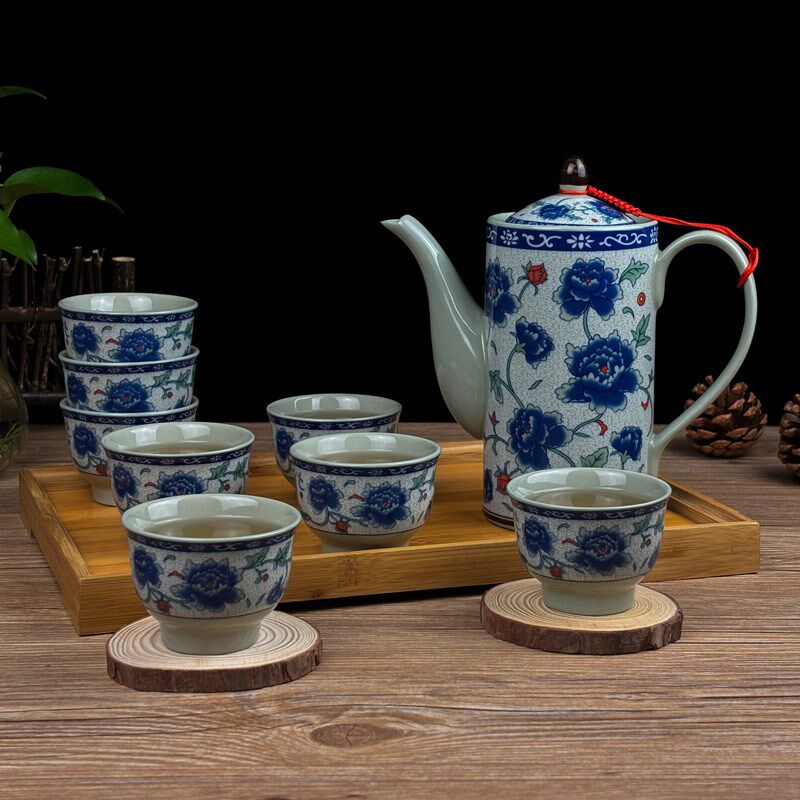 陶瓷泡茶具酒店式客厅复古怀旧釉中彩长嘴茶壶茶杯青花瓷组合套装
