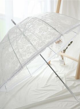 沛欣雨伞夏季爱心小清新白色蕾丝黑色弯柄半自动长柄伞拱形透明伞