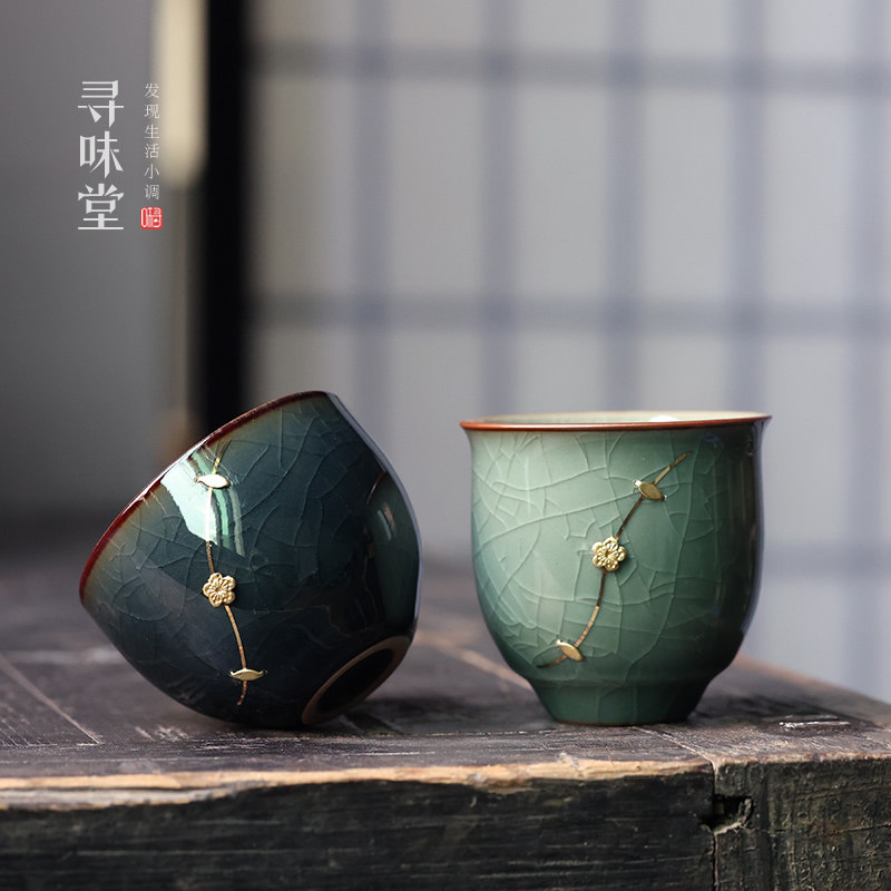 手工锔钉青瓷品茗杯秘色瓷小茶杯高档冰裂釉陶瓷主人杯茶具单杯