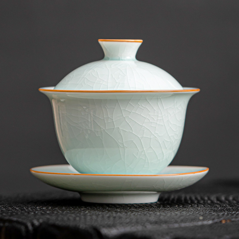 汝窑卵青三才盖碗开片可养金线初心功夫茶具泡茶碗