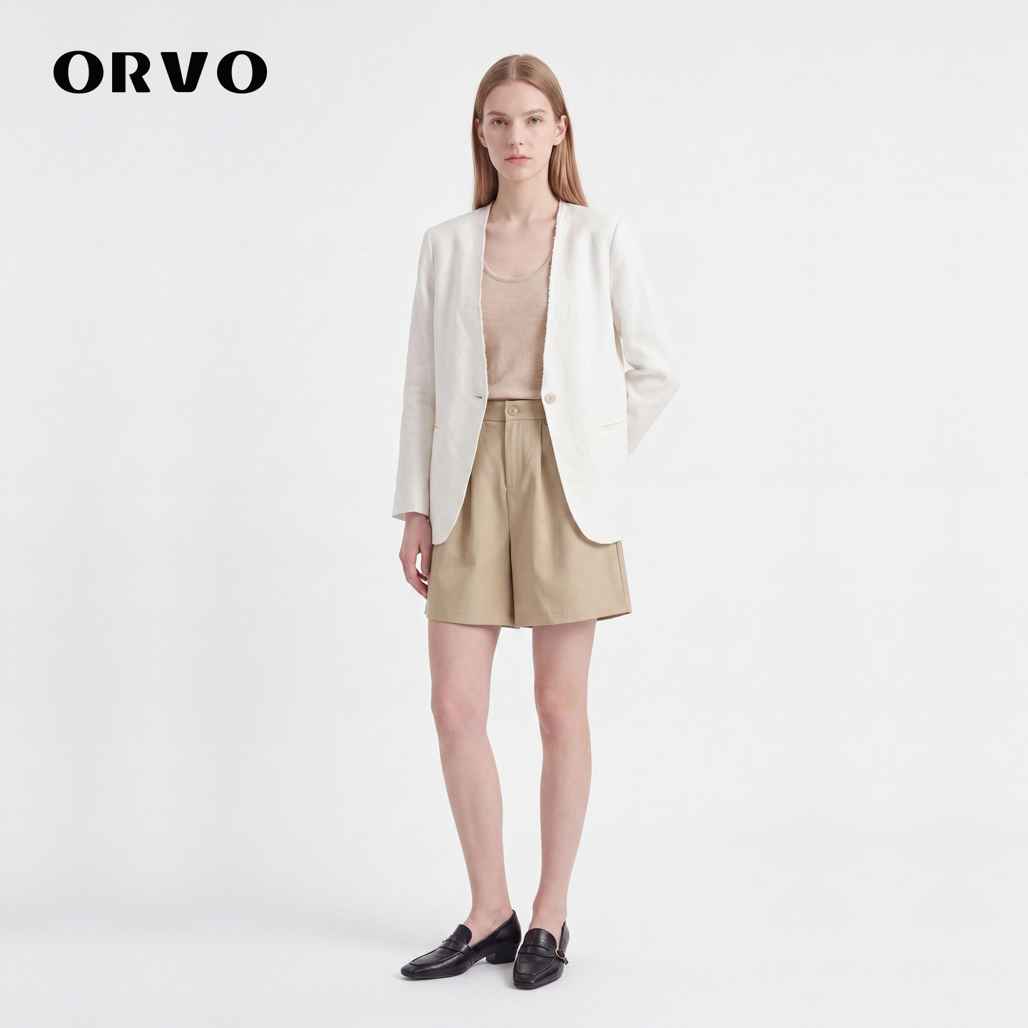 ORVO纯亚麻无领单扣女西装