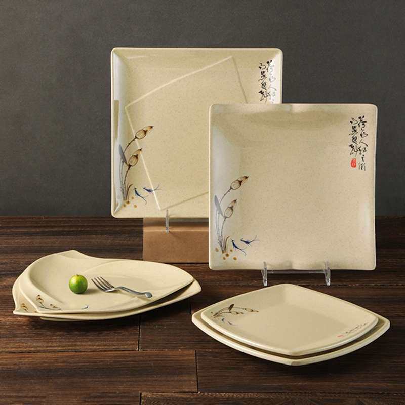 密胺方盘10个装仿瓷塑料碟子四方翘脚快餐盘饭店炒菜盖浇饭盘商用