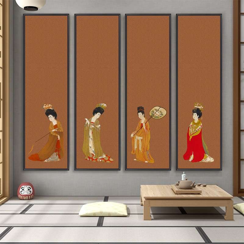 簪花仕女图挂画茶室禅意装饰画新中式客厅古风壁画唐代美女四条屏