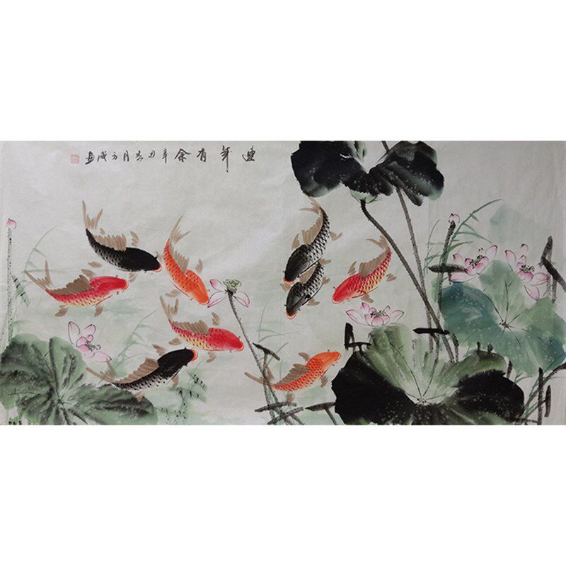 纯手工国画四尺荷花九鱼图客厅装饰画连年有余挂画
