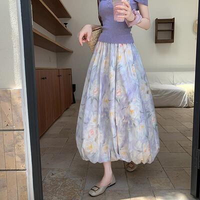 莫奈花园碎花半身裙女夏高腰显瘦氛围感花苞裙甜美大摆裙a字半裙