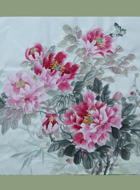 牡丹图手绘国画无框无款国色天香三尺方斗茶楼客厅玄关中式装饰画