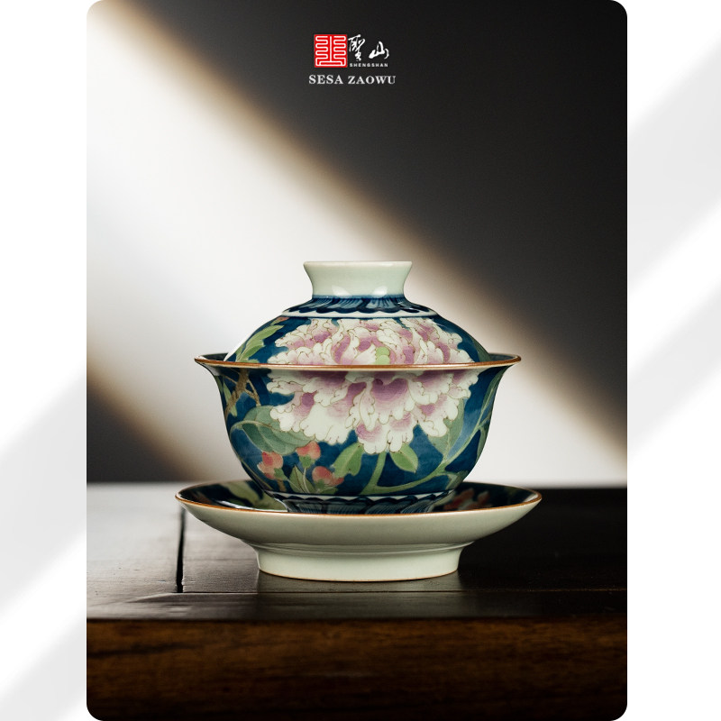 圣山旬真堂仿古手绘玉堂富贵青花五彩茶具盖碗陶瓷茶具泡茶盖碗