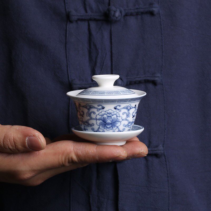 潮汕迷你小盖碗青花高温陶瓷两人旅行茶具茶杯小号三才碗两杯三杯