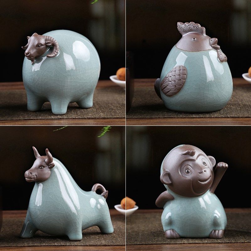 陶瓷生肖小鸡猴羊牛摆件可爱家居装饰客厅玄关桌面大号茶宠工艺品图片