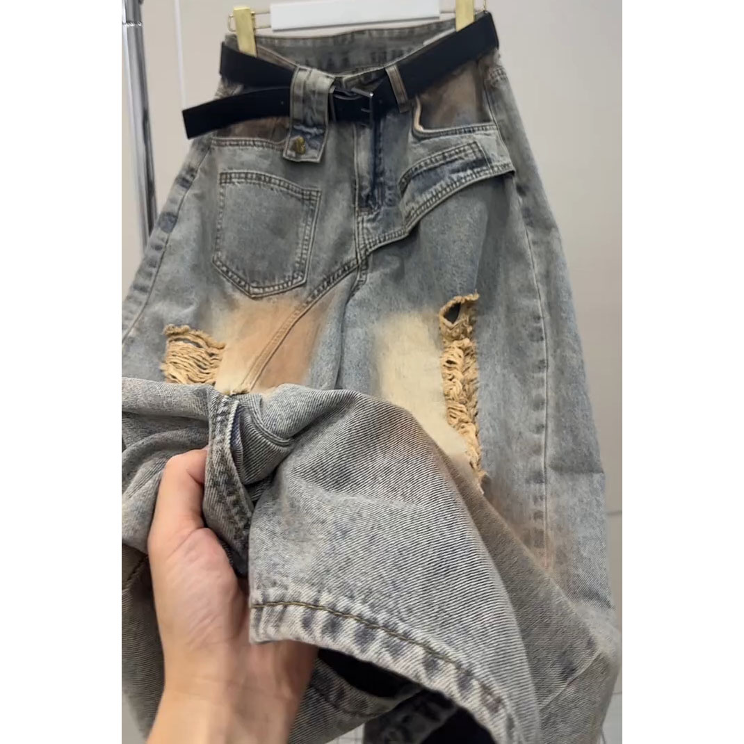 美式复古做旧破洞牛仔裤女欧洲站牛仔裤