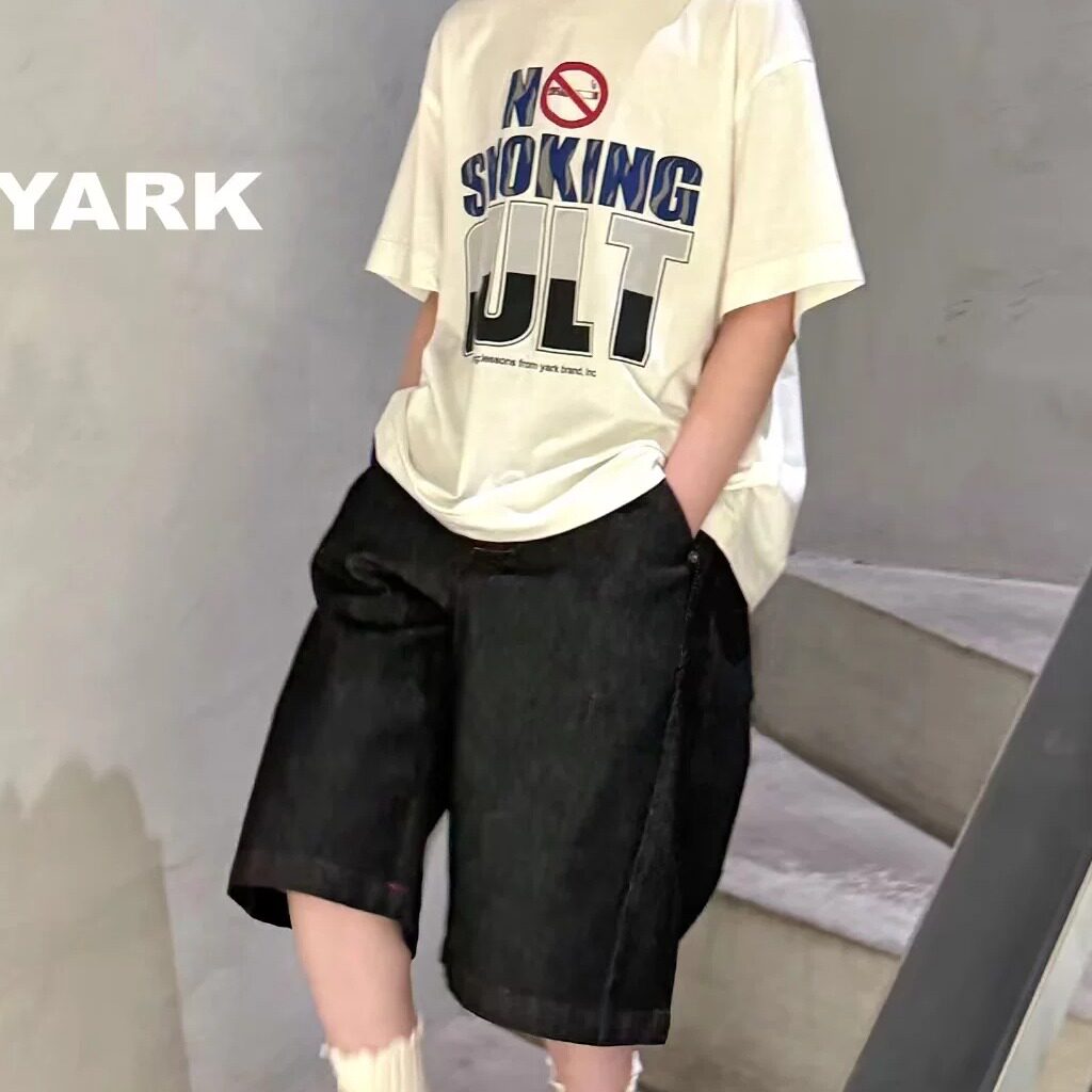 yark 童装美式街头风黑色牛仔短裤男童宽松休闲百搭五分裤夏季