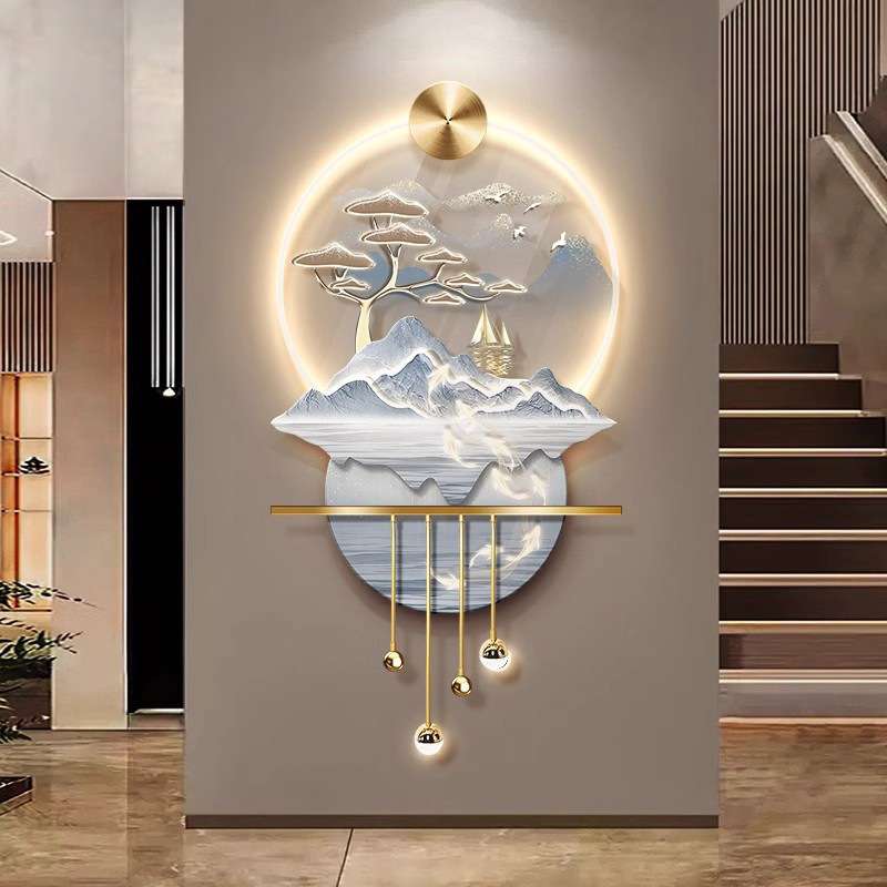 九鱼图入户玄关装饰画高档走廊过道挂画发财树立体led灯铁艺壁饰