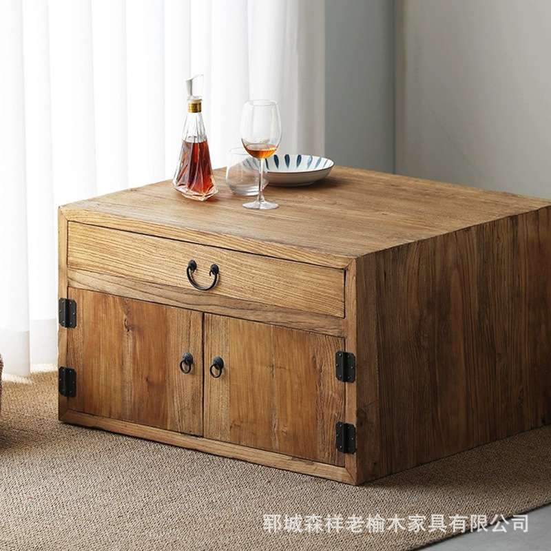 老榆木正方形炕桌收纳箱带抽屉小茶几榻榻米卧室矮桌飘窗地台桌