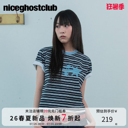 NICEGHOSTCLUB2026年休闲街头风条纹基础款圆领情侣图案短袖T恤