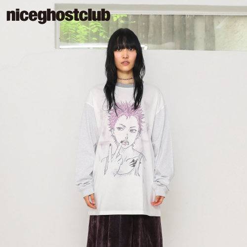 NICEGHOSTCLUB撞色插肩长袖T恤动漫人物印花落肩宽松复古休闲上衣