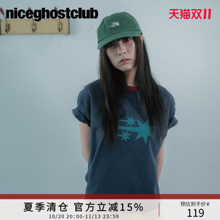 NICEGHOSTCLUB夏季美式复古3STAR星星图案街头风女装圆领短款T恤