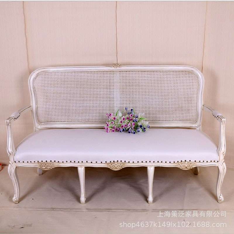现货法式白色复古做旧实木双三人沙发美式欧式编藤影楼双人沙发椅