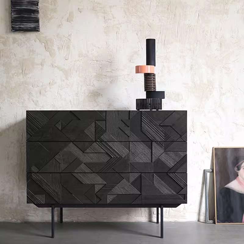 中古工业风实木三抽斗柜储物柜北欧复古雕花进口表情餐边柜玄关柜