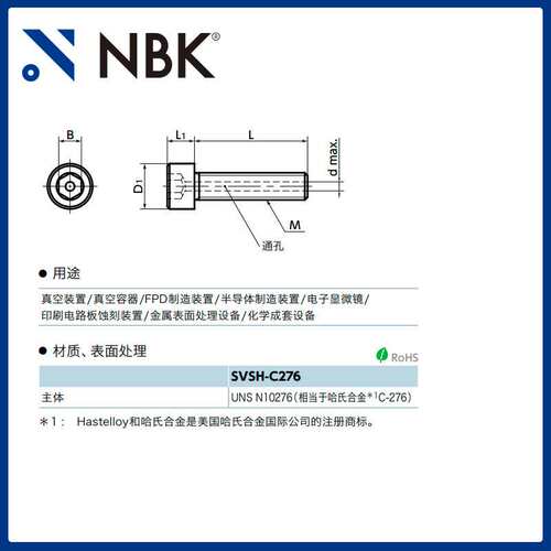 NBK SVSH-C276 通孔型内六角圆柱头螺栓 相当于哈氏合金材质C-276