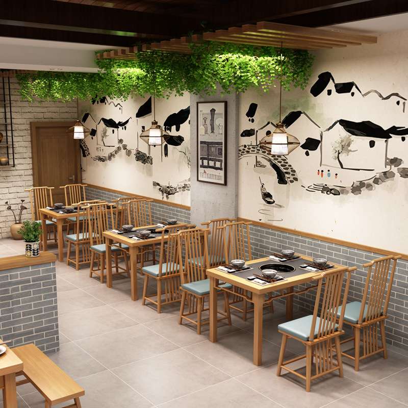 新中式简约实木卡座自助火锅奶茶咖啡茶餐厅沙发桌椅组合商用