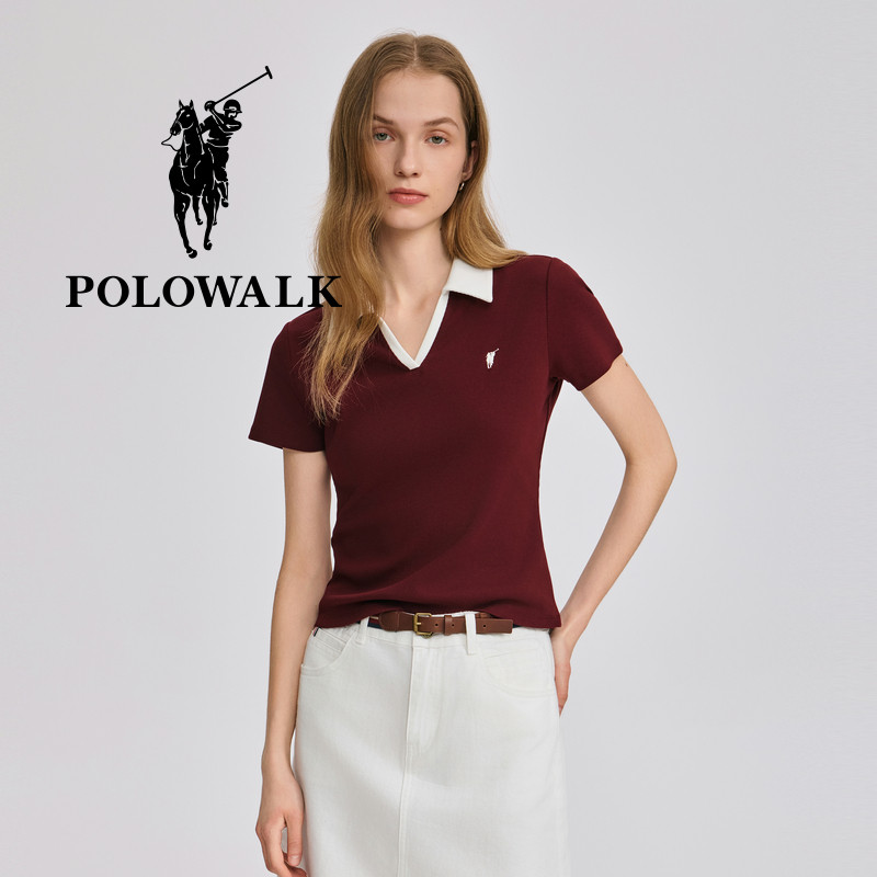 POLOWALK女式短袖2026夏季新品简约V领显瘦休闲百搭短袖POLO衫