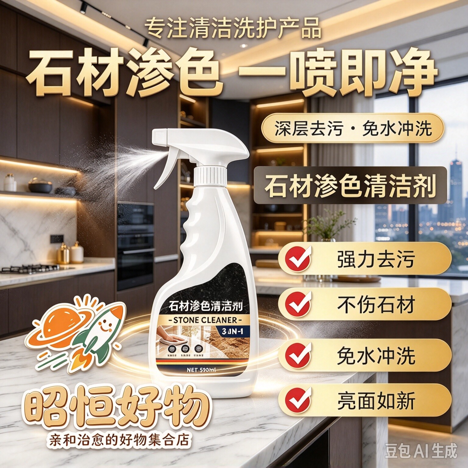 【海外卖爆】石材渗色清洁剂厨房台面强力去污大理石抛光石英YS
