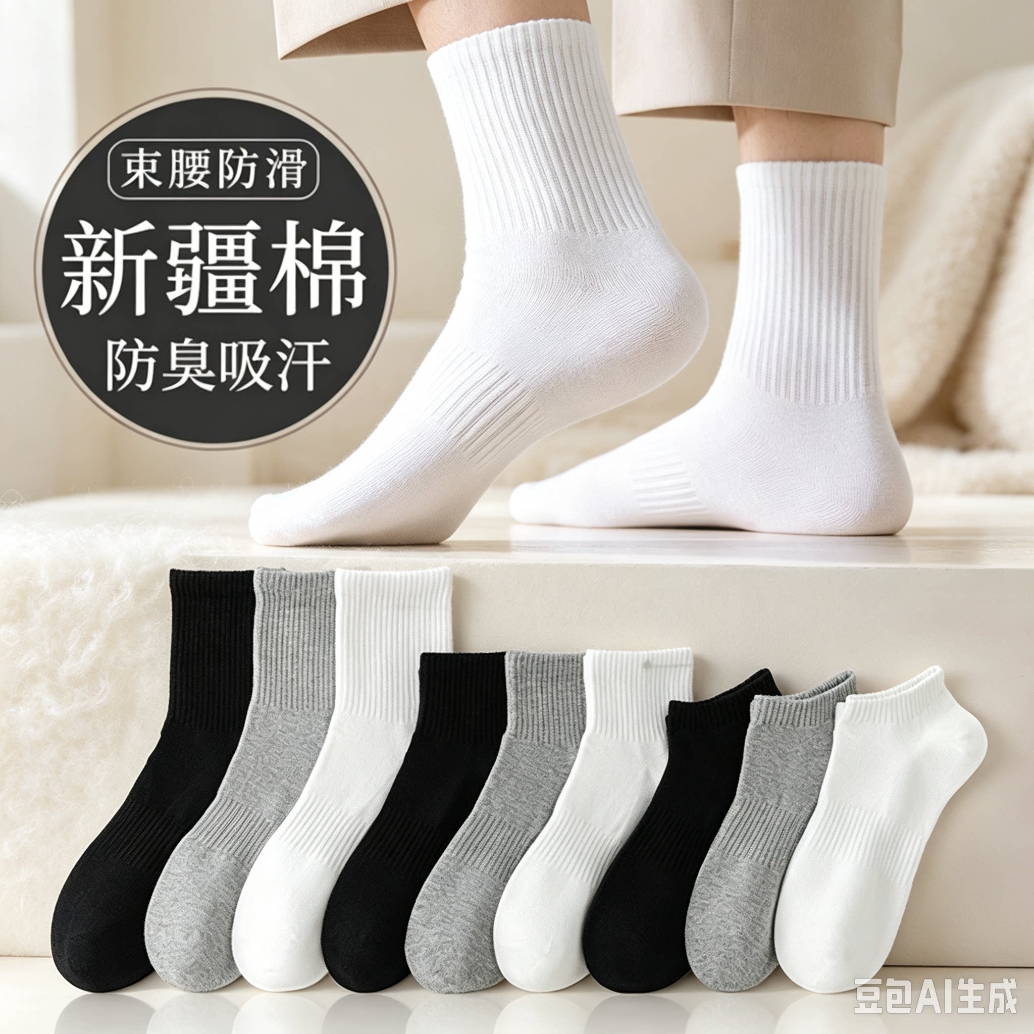 新疆棉袜子黑白灰纯色束腰吸汗透气防臭商务休闲长筒男女袜子CJ