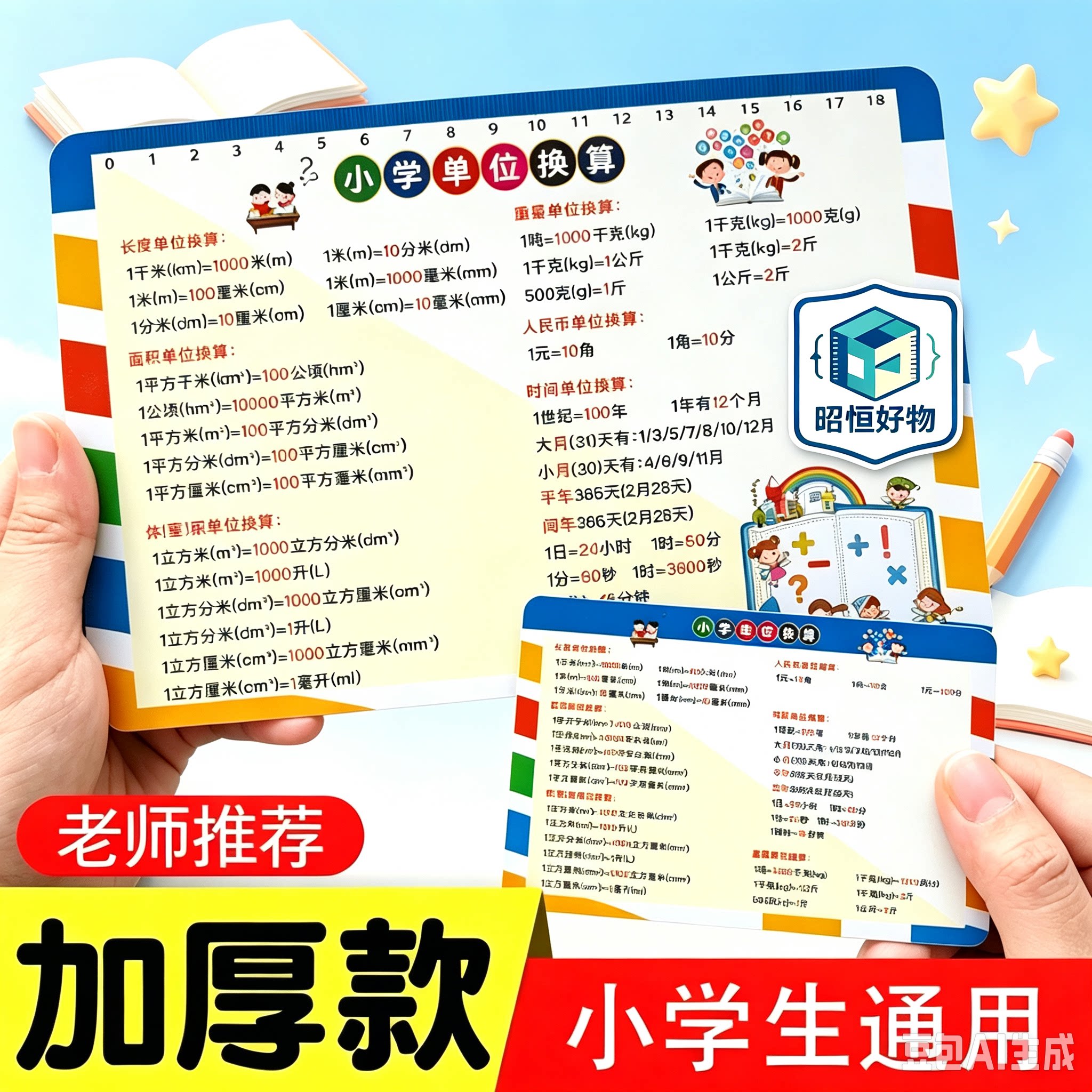 【小学通用】数学单位换算平面立体几何图形计算公式加厚款YS