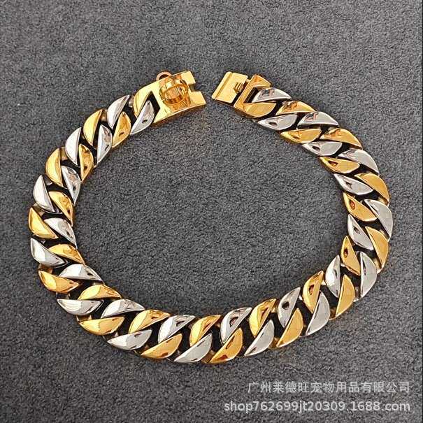 新款32mm宽不锈钢狗项圈狗链间金银双色猛犬恶霸犬专用颈脖项圈跨