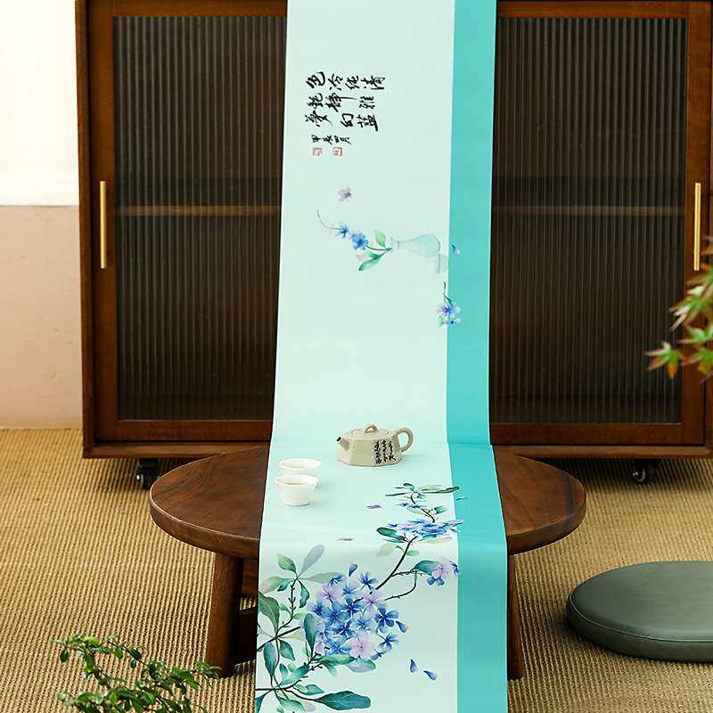 防水茶席新中式禅意桌旗复古国画风茶桌布垫大号长条干泡茶席