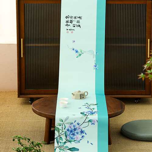 防水茶席新中式禅意桌旗复古国画风茶桌布垫大号长条干泡茶席