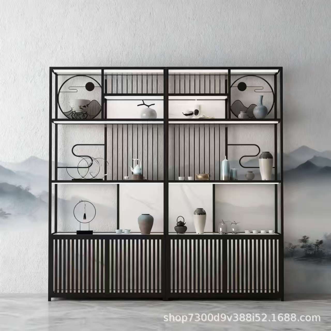 博古架简约现代茶具置物架多宝阁茶柜一体靠墙展示柜茶室博古架