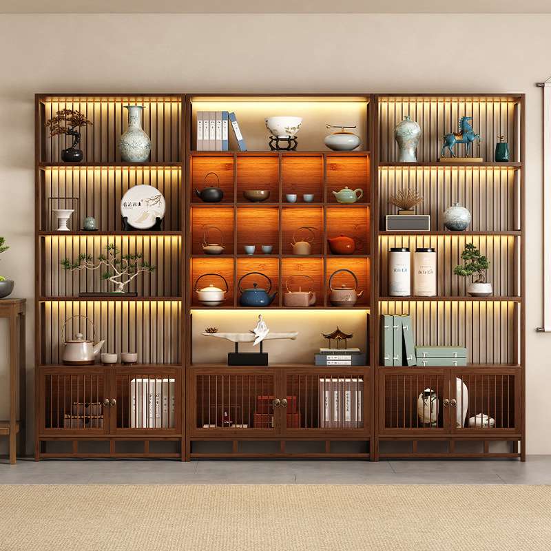 新中式博古架带灯带实木茶具架办公室展示柜茶室茶柜茶架工艺品架