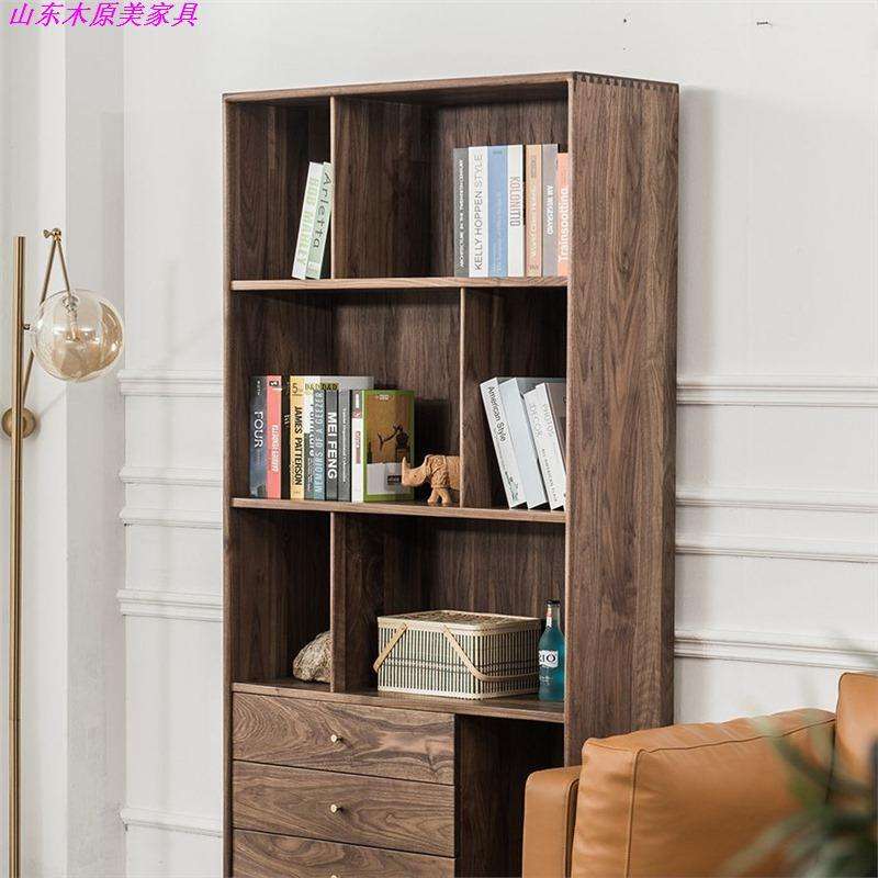 北欧黑胡桃书柜抽拉式现代轻奢纯实木置物架简欧落地书架书桌