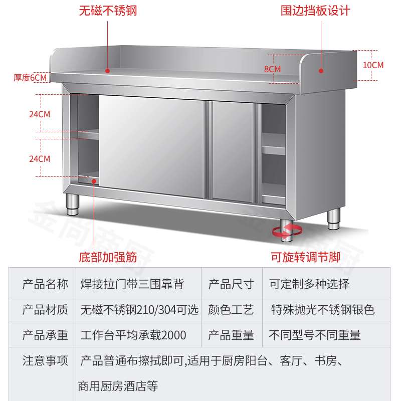商用不锈钢工作台桌和面台储物柜打荷揉面案板拉门凹围边操作304