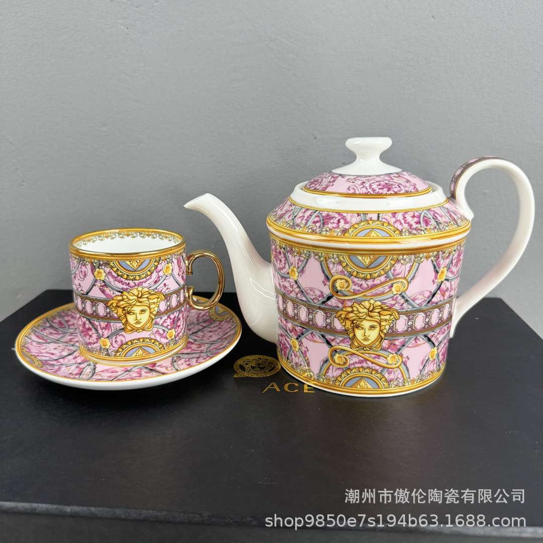 跨境欧式轻奢美杜莎茶具7件套圆口双杯碟带原标勺下午茶具咖啡具