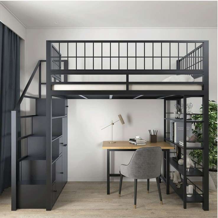 意式极简铁艺高架床小户型家用卧室省空间上铺床公寓带柜子阁楼床