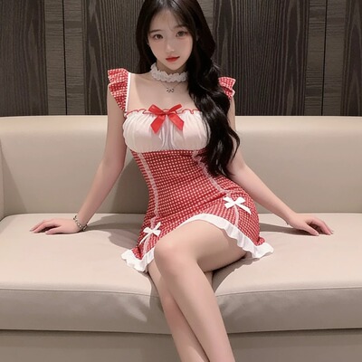 纯欲粉色格纹女仆套装