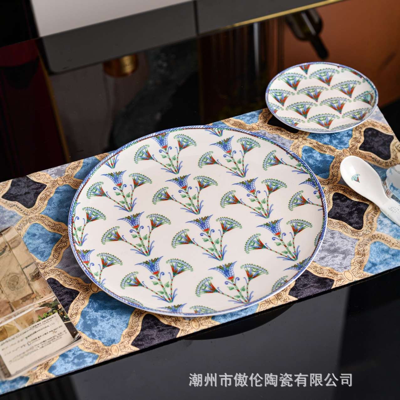 跨境迪家新品蓝莲花欧式轻奢系列骨瓷36件餐具套装家用餐具