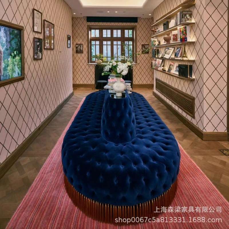 美式复古双面卡座沙发布艺拉扣椭圆异形服装店休息区设计师高颜值