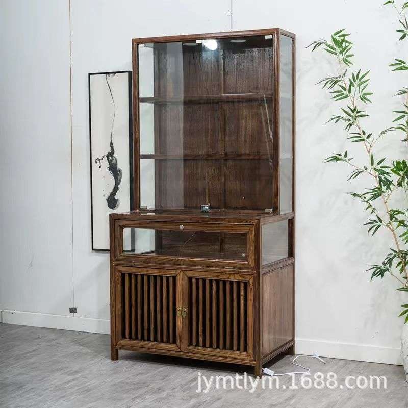 老榆木长方形珠宝展示柜新中式首饰柜商店货柜榆木家具储物玻璃柜