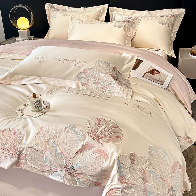 A类母婴级床上四件刺绣60支长绒棉套全棉轻奢纯棉裸睡床单被套