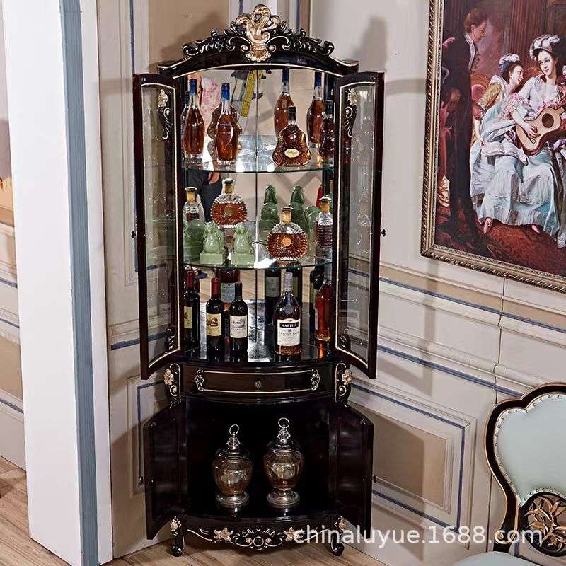 欧式角柜墙角柜三角形客厅展示柜黑檀色酒柜描金拐角柜实木转角柜