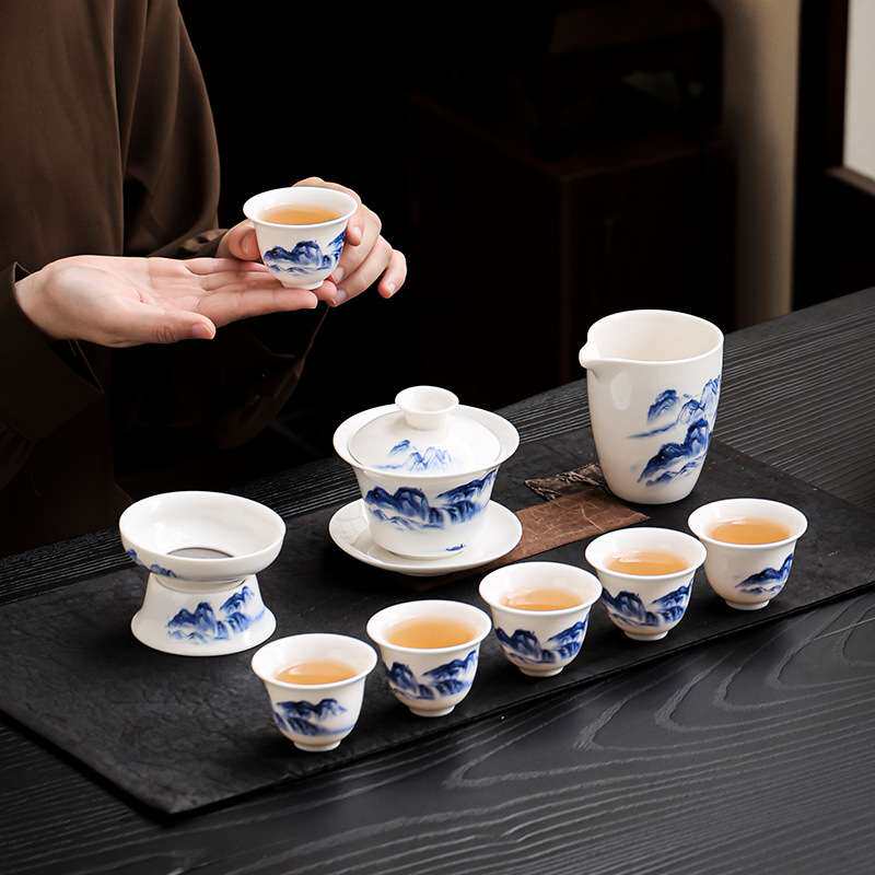高档羊脂玉德化茶具套装白瓷功夫玉瓷陶瓷青花瓷蓝彩盖碗茶具整套