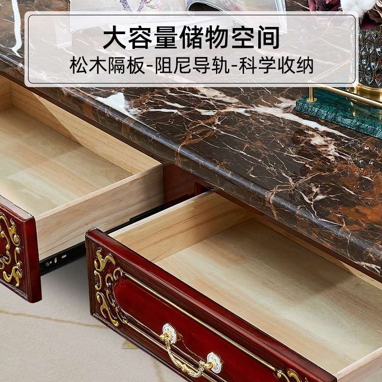 欧式全实木茶几大理石茶几电视柜组合酒红色红檀木色美式客厅家具