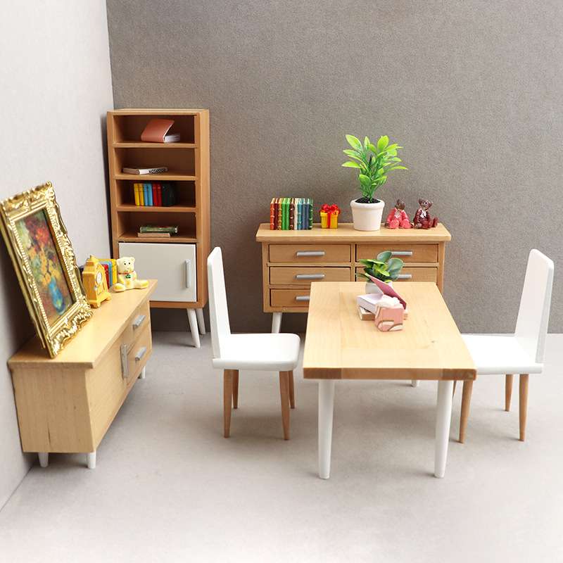 1:12娃娃屋dollhouse迷你家具餐厅微场景摆件原木色现代桌椅柜子