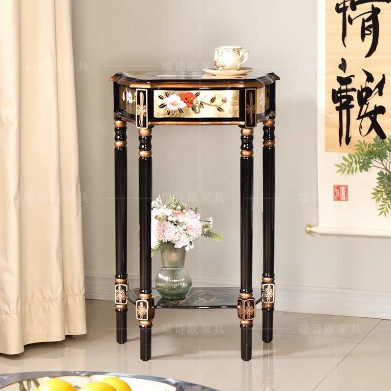 美式乡村实木角几复古彩绘储物茶几新中式金箔客厅沙发边几玄关桌